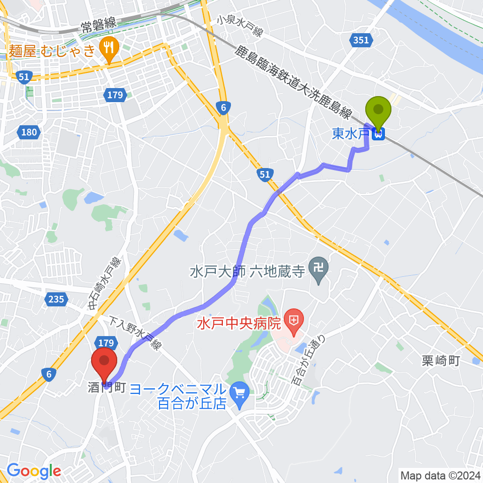 FMぱるるんの最寄駅東水戸駅からの徒歩ルート（約47分）地図