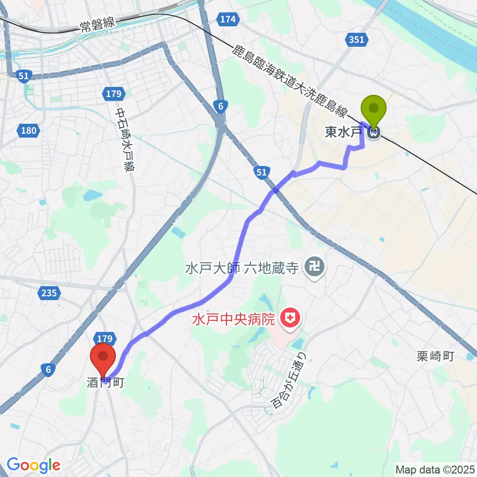 FMぱるるんの最寄駅東水戸駅からの徒歩ルート（約47分）地図