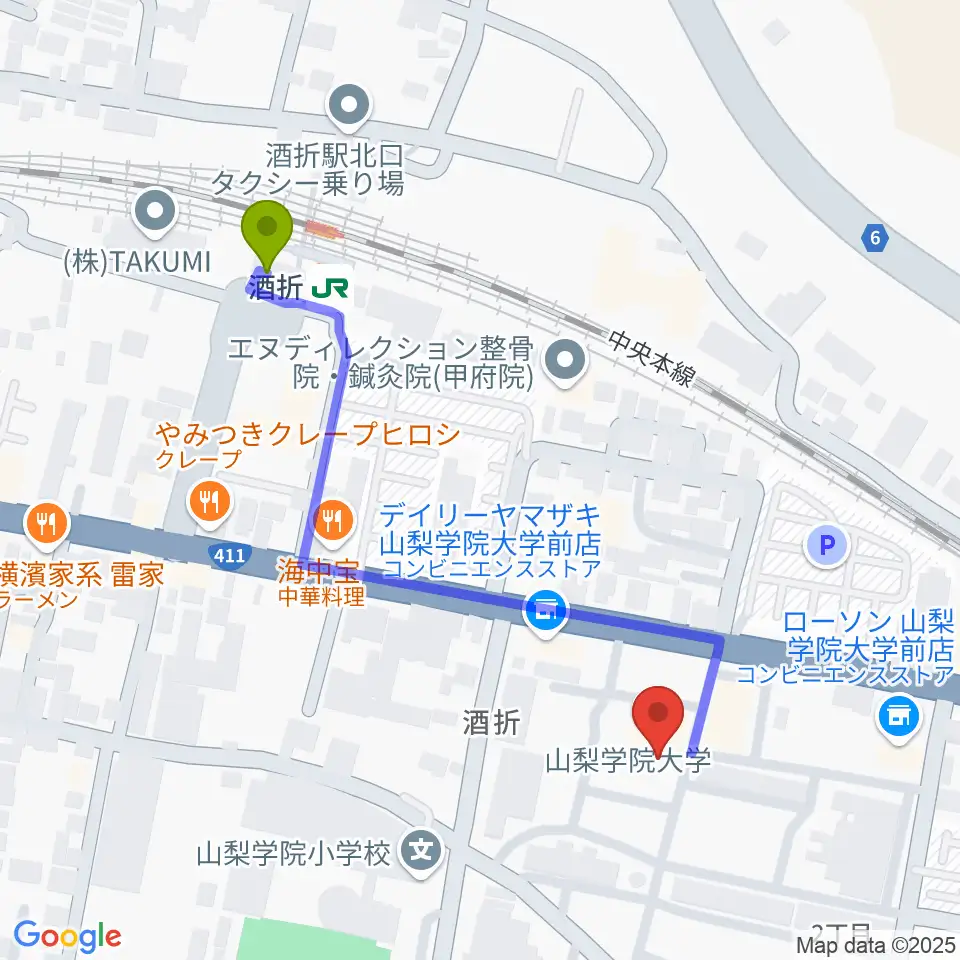 エフエム甲府の最寄駅酒折駅からの徒歩ルート（約5分）地図