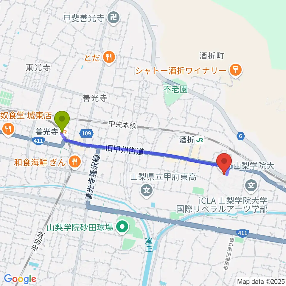 善光寺駅からエフエム甲府へのルートマップ地図