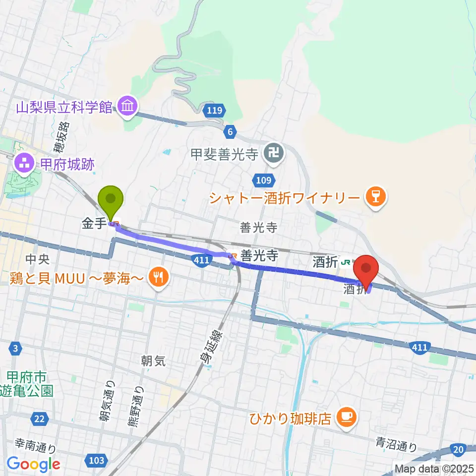 金手駅からエフエム甲府へのルートマップ地図