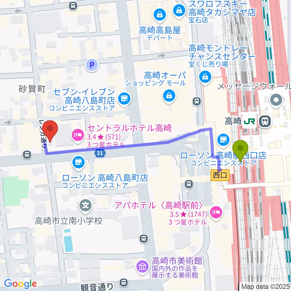 ラジオ高崎の最寄駅高崎駅からの徒歩ルート（約5分）地図