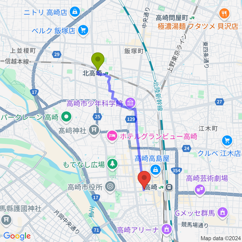 北高崎駅からラジオ高崎へのルートマップ地図