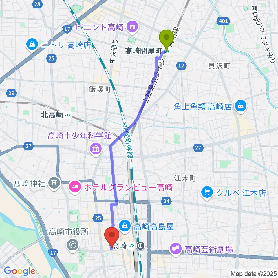 高崎問屋町駅からラジオ高崎へのルートマップ地図
