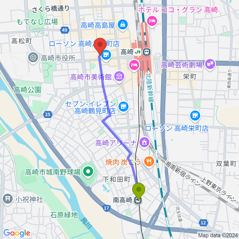 南高崎駅からラジオ高崎へのルートマップ地図