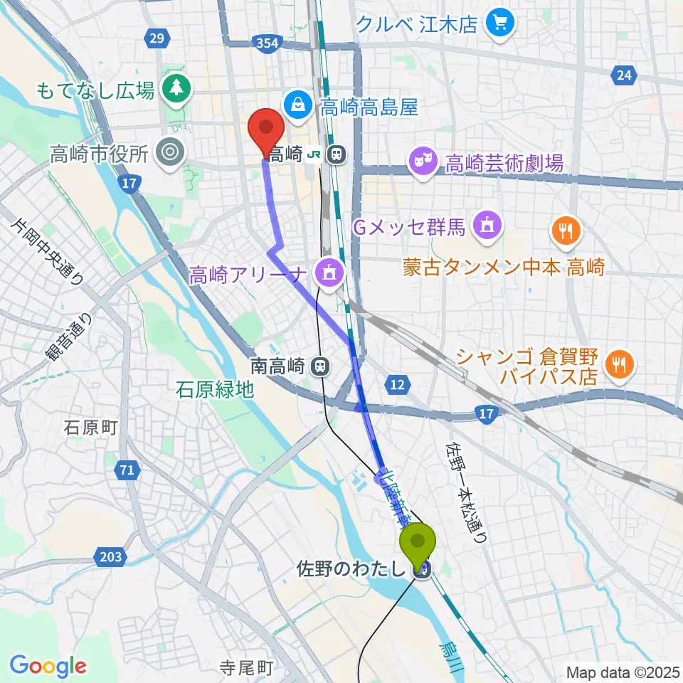 佐野のわたし駅からラジオ高崎へのルートマップ地図