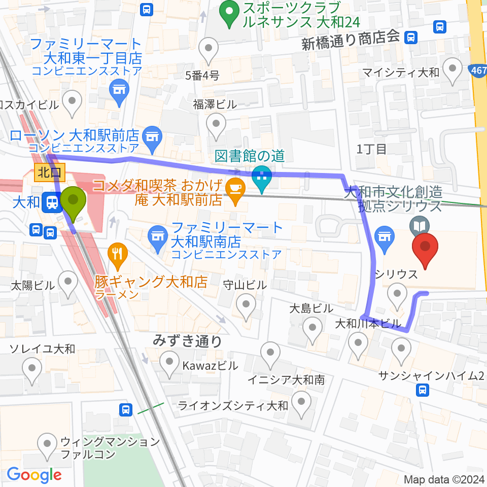 FMやまとの最寄駅大和駅からの徒歩ルート（約6分）地図