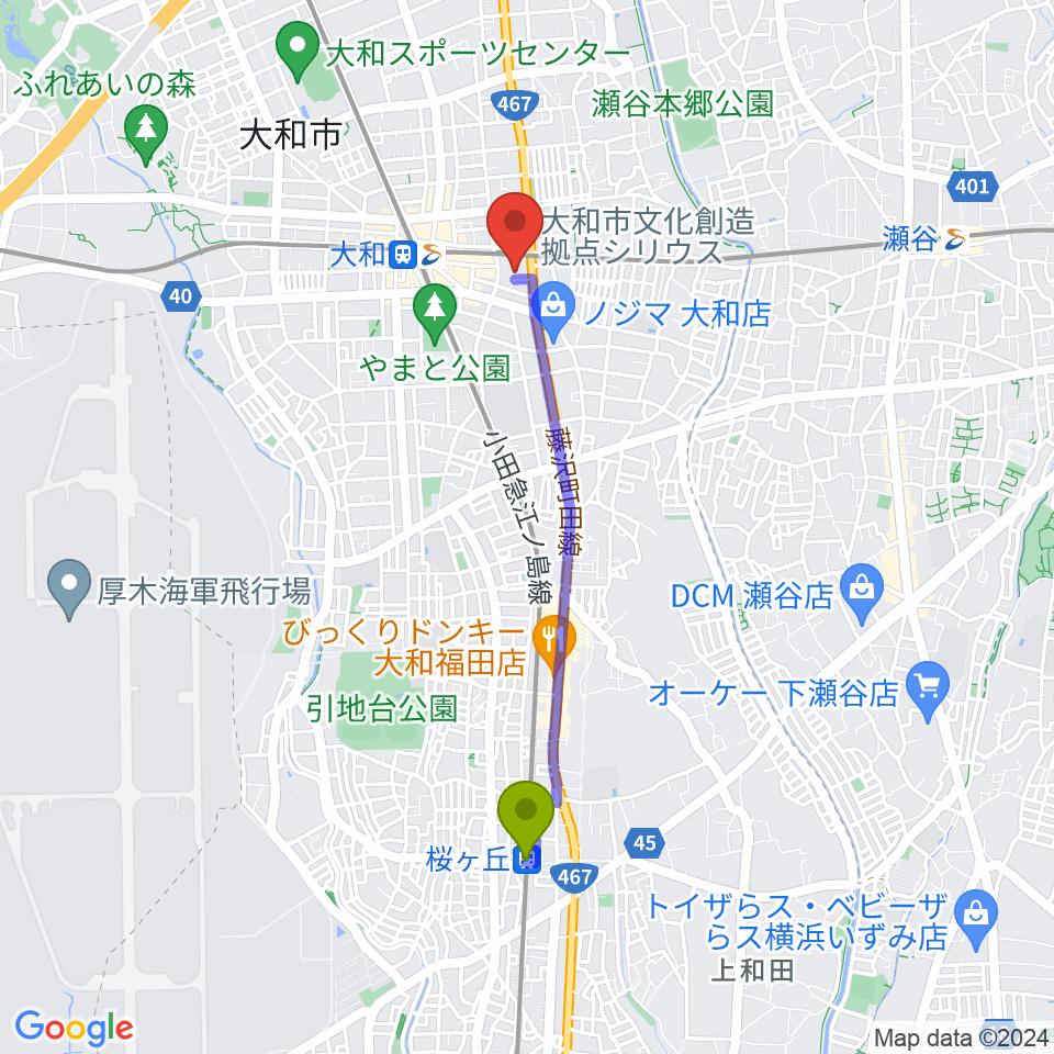 桜ヶ丘駅からFMやまとへのルートマップ地図