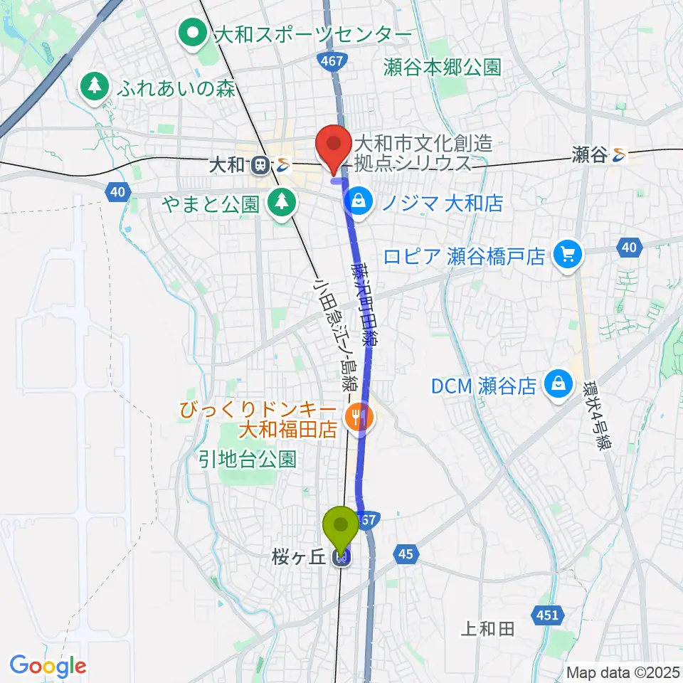 桜ヶ丘駅からFMやまとへのルートマップ地図