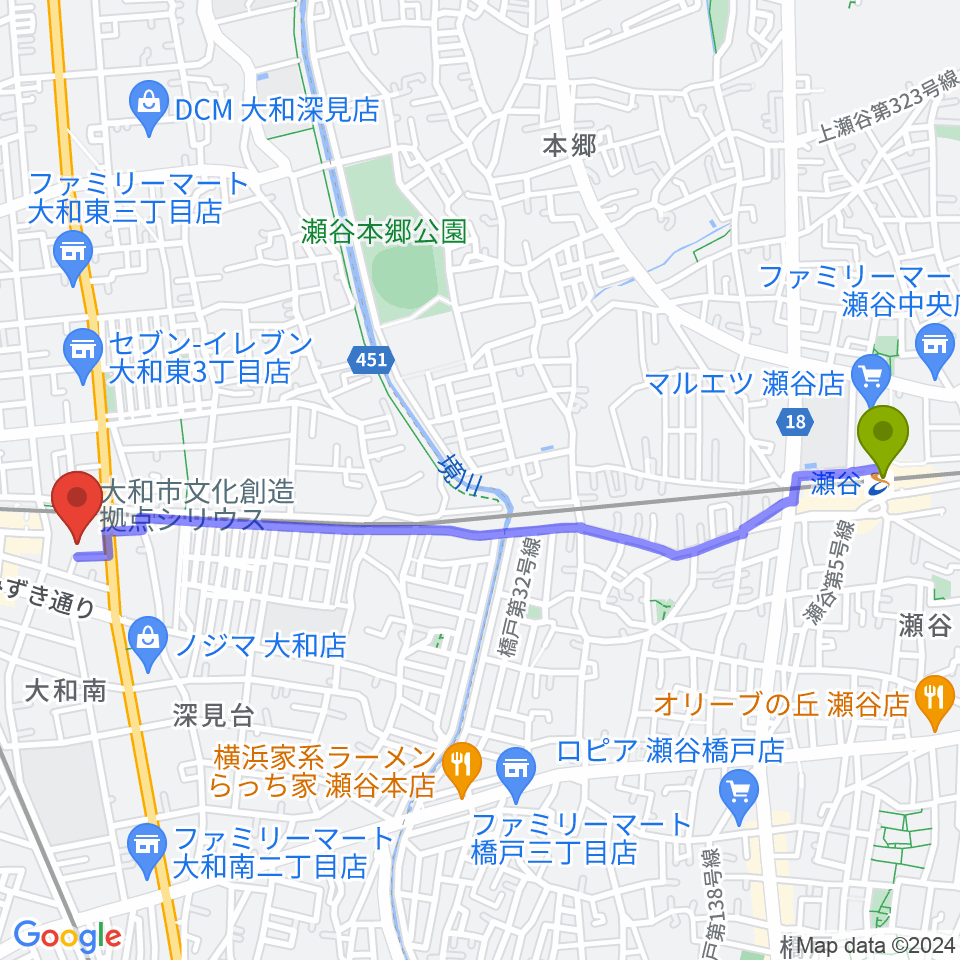 瀬谷駅からFMやまとへのルートマップ地図