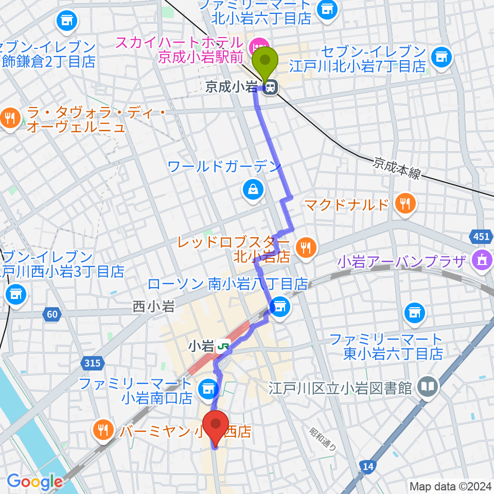 京成小岩駅からエフエム江戸川へのルートマップ地図