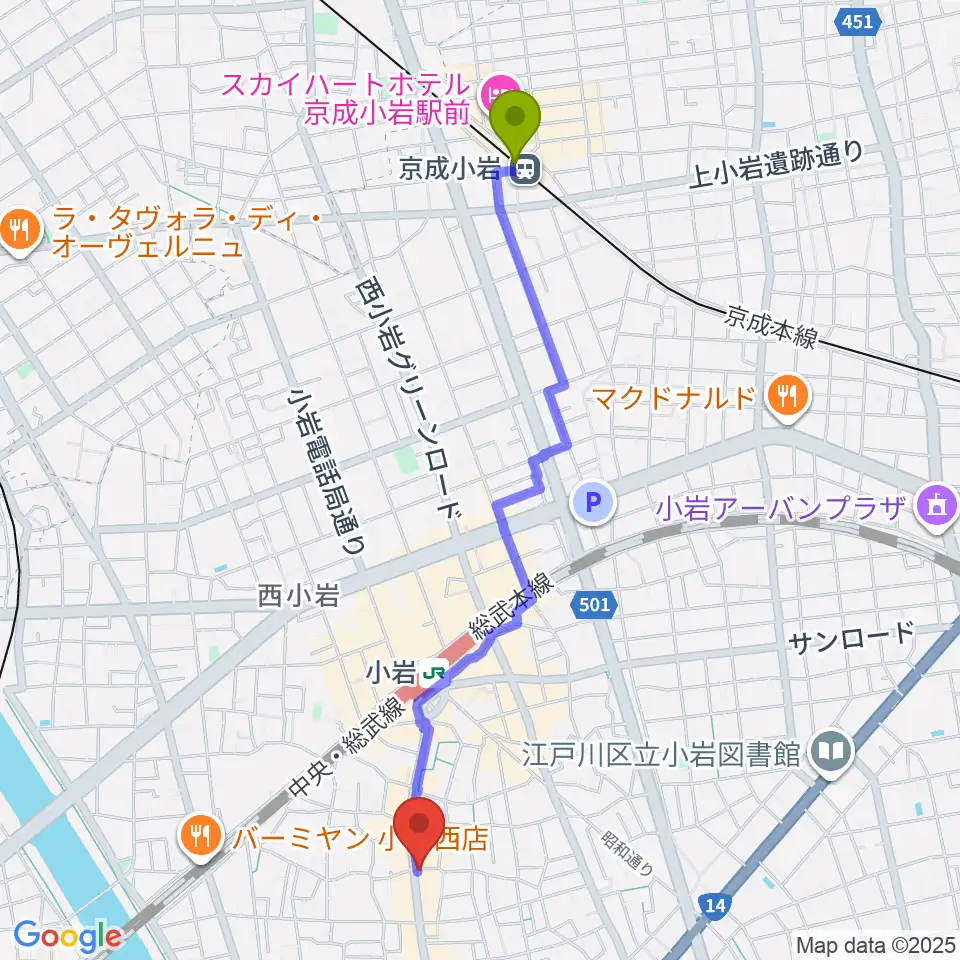 京成小岩駅からエフエム江戸川へのルートマップ地図