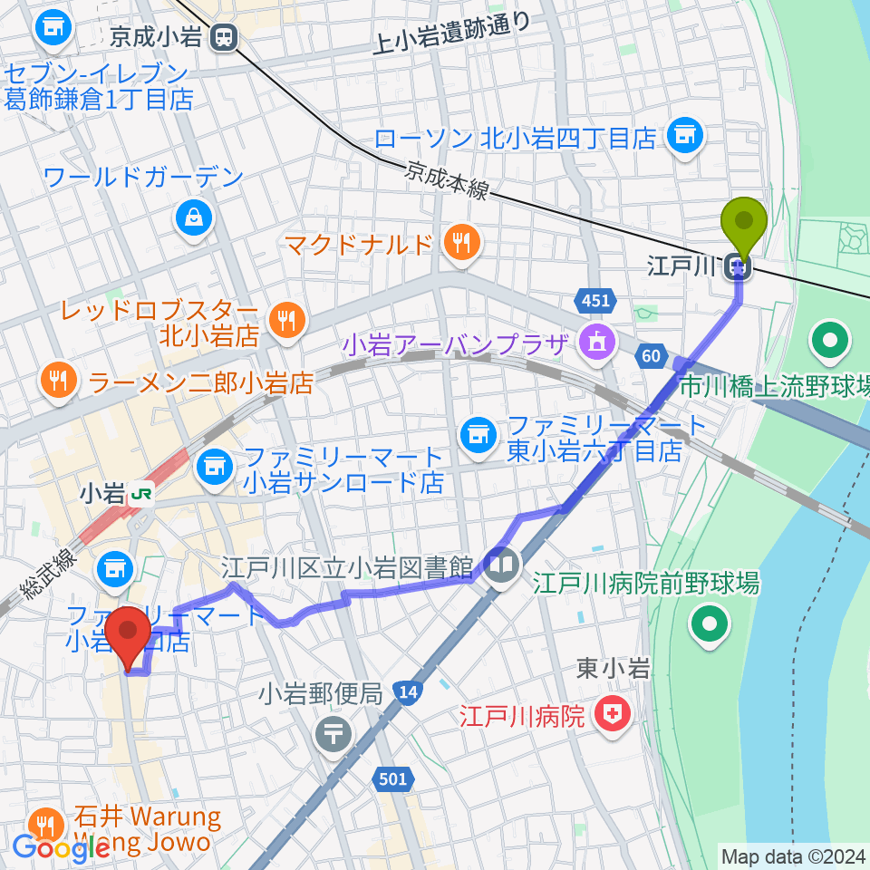 江戸川駅からエフエム江戸川へのルートマップ地図