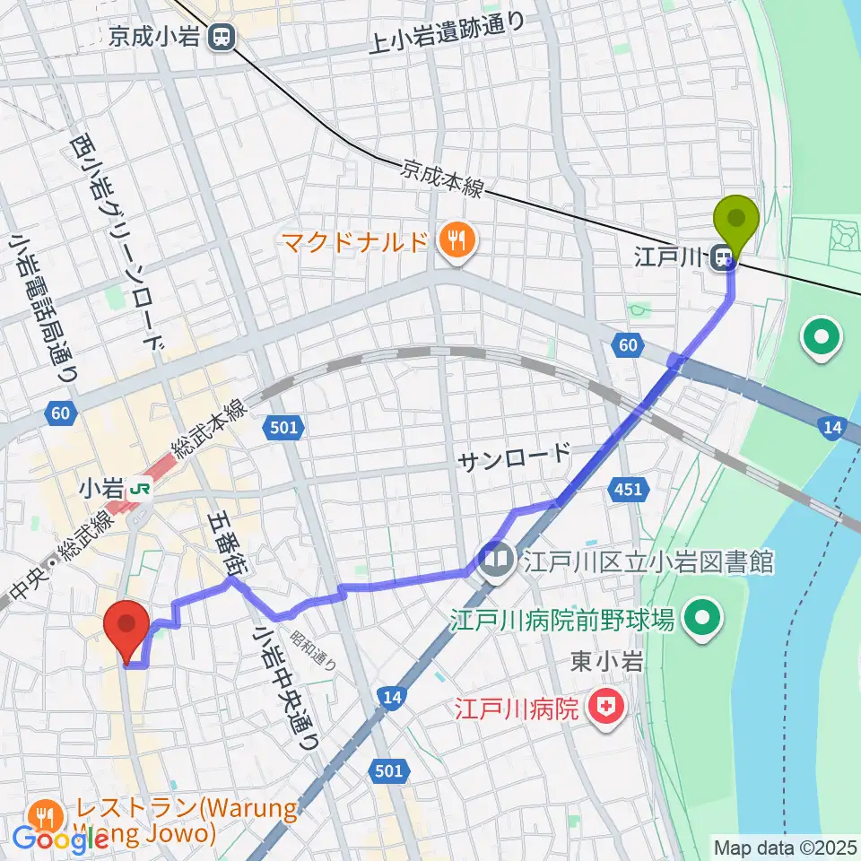 江戸川駅からエフエム江戸川へのルートマップ地図