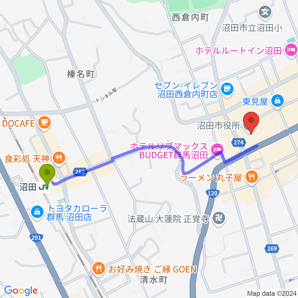 FM OZE 76.5の最寄駅沼田駅からの徒歩ルート（約11分）地図