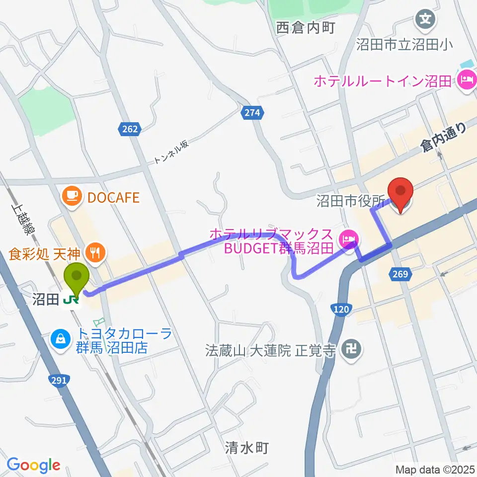 FM OZEの最寄駅沼田駅からの徒歩ルート（約11分）地図