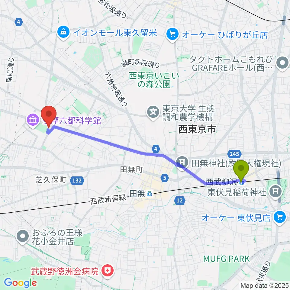 西武柳沢駅からエフエム西東京へのルートマップ地図