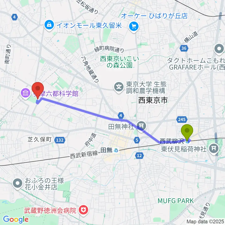 西武柳沢駅からエフエム西東京へのルートマップ地図