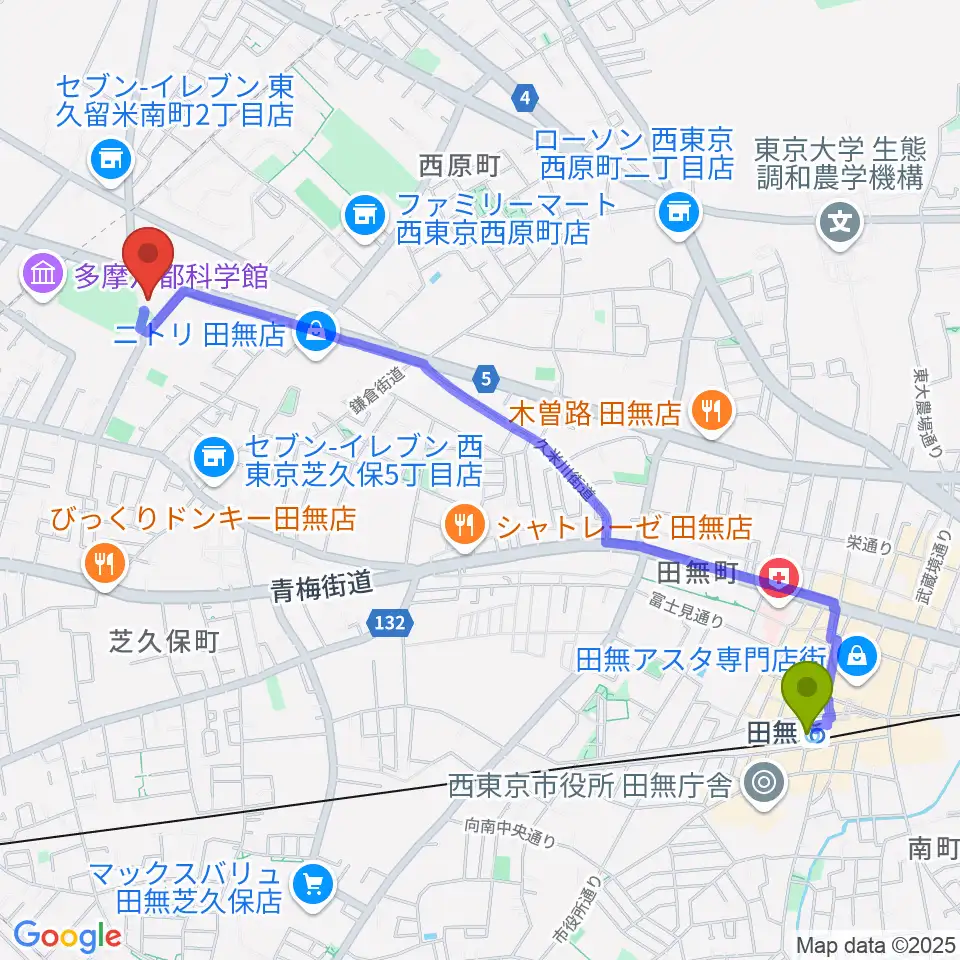 田無駅からエフエム西東京へのルートマップ地図