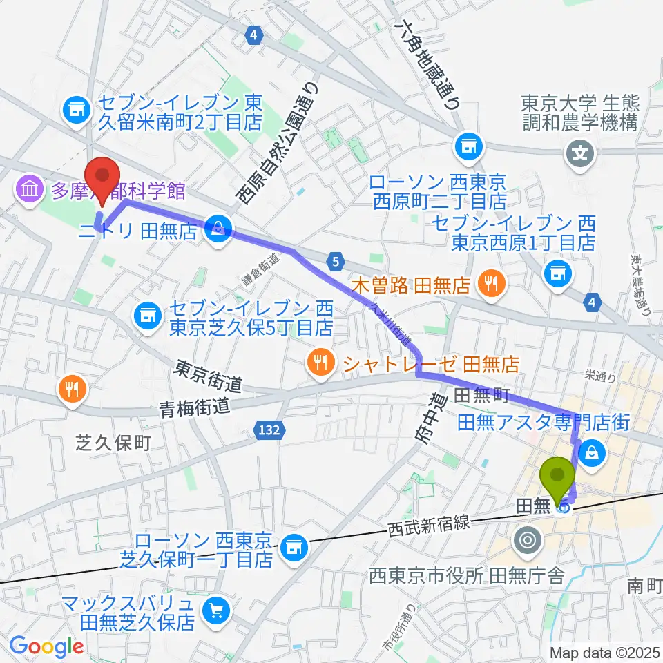 田無駅からエフエム西東京へのルートマップ地図