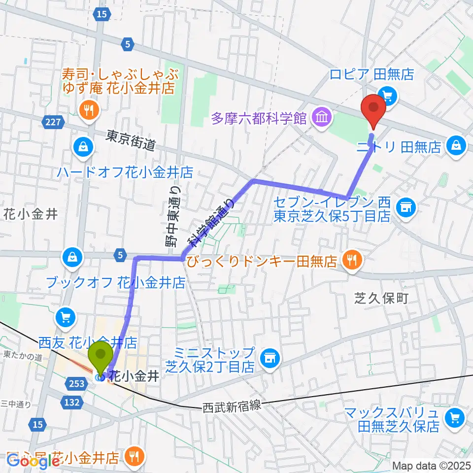 エフエム西東京の最寄駅花小金井駅からの徒歩ルート（約24分）地図