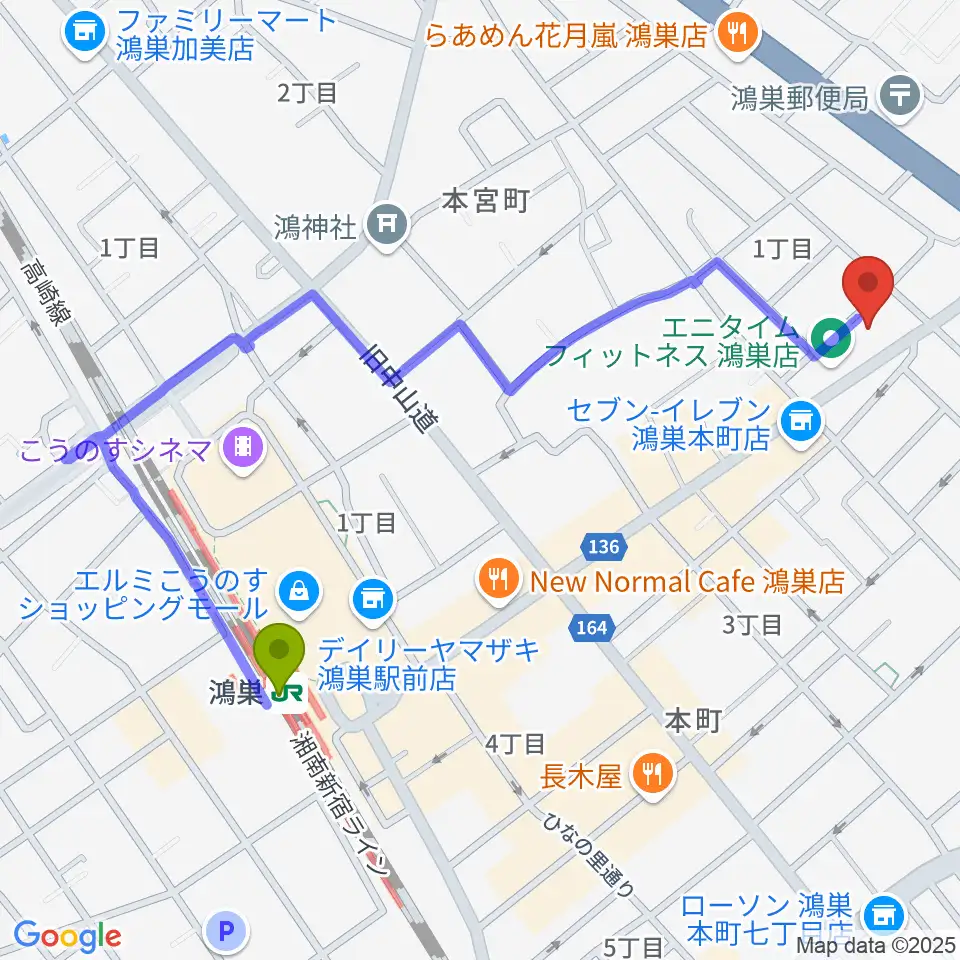 フラワーラジオの最寄駅鴻巣駅からの徒歩ルート（約11分）地図