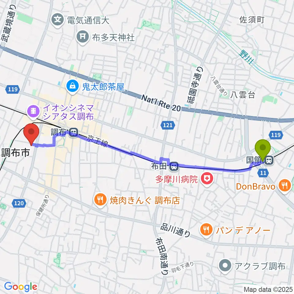 国領駅から調布FMへのルートマップ地図