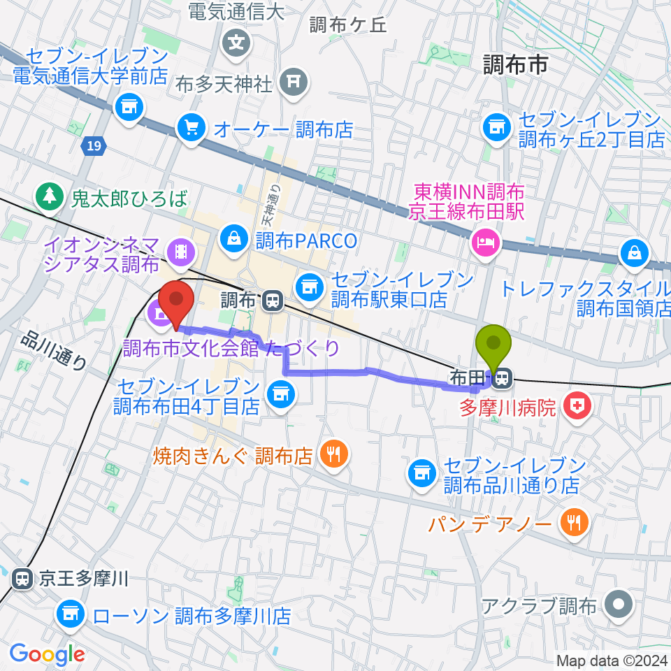 布田駅から調布FMへのルートマップ地図