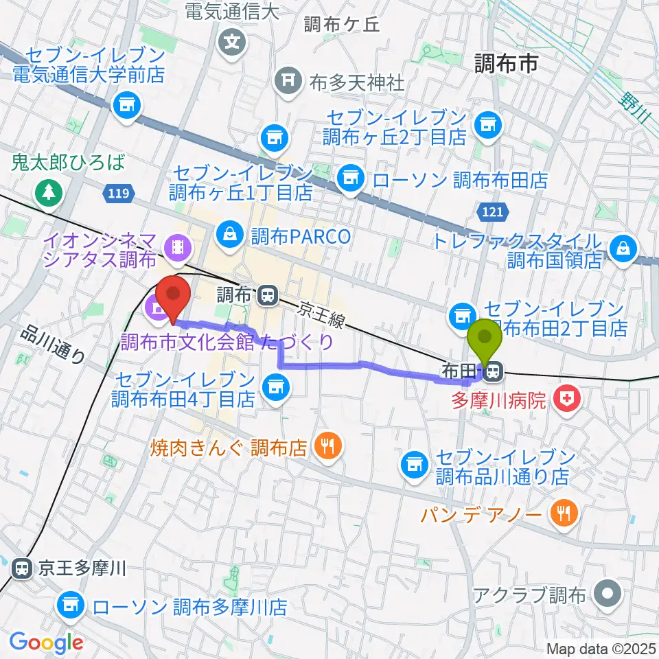 布田駅から調布FMへのルートマップ地図