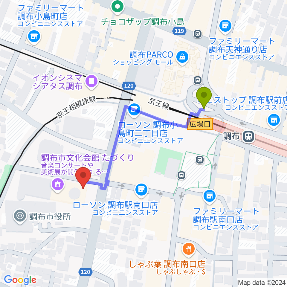 調布FMの最寄駅調布駅からの徒歩ルート（約4分）地図