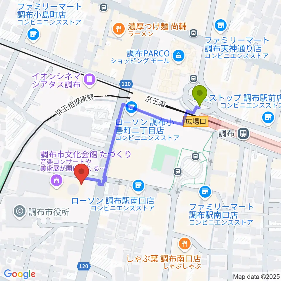 調布FMの最寄駅調布駅からの徒歩ルート（約4分）地図