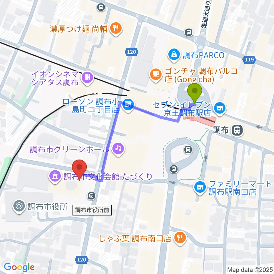 調布FMの最寄駅調布駅からの徒歩ルート（約4分）地図
