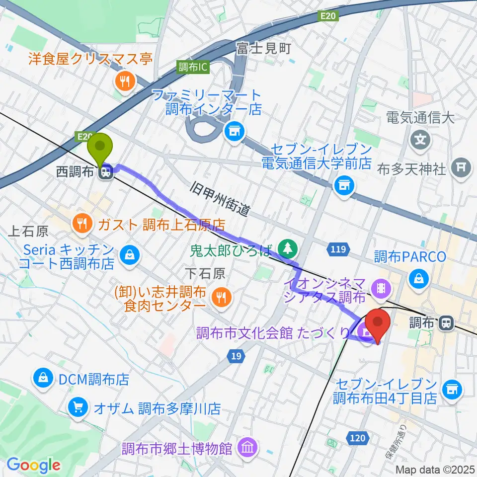 西調布駅から調布FMへのルートマップ地図