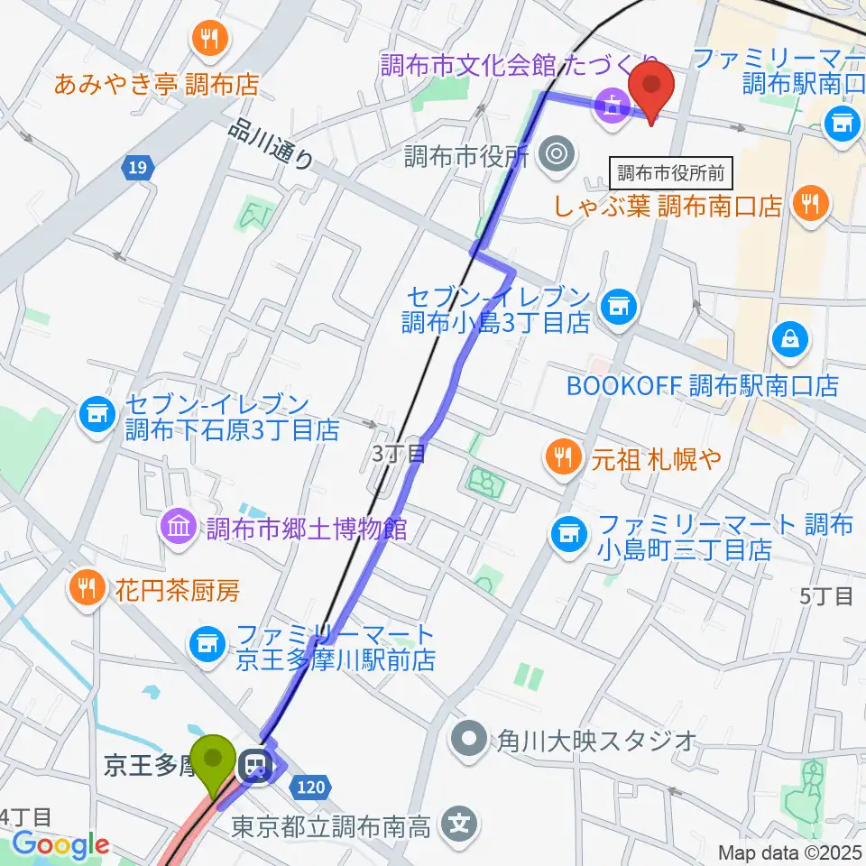 京王多摩川駅から調布FMへのルートマップ地図