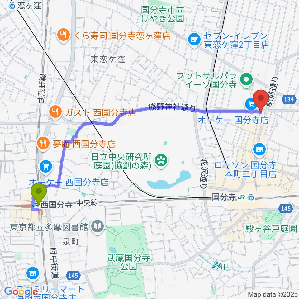 西国分寺駅から国分寺クラスタへのルートマップ地図