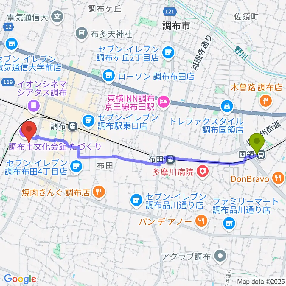 国領駅から調布市文化会館たづくりへのルートマップ地図