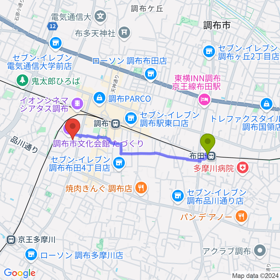 布田駅から調布市文化会館たづくりへのルートマップ地図