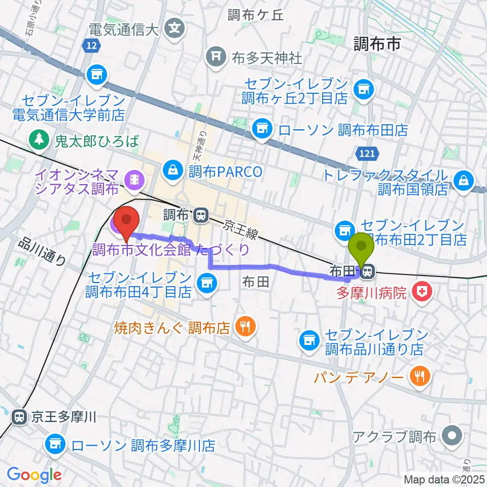 布田駅から調布市文化会館たづくりへのルートマップ地図