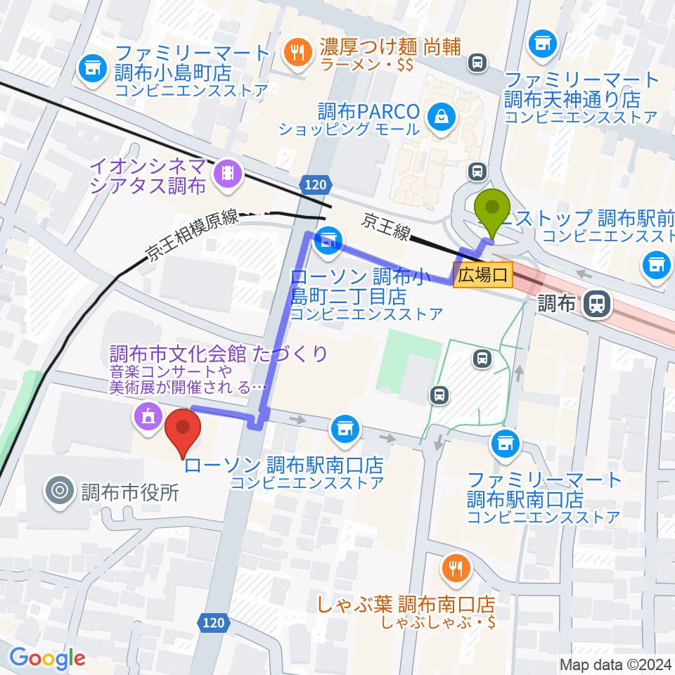 調布市文化会館たづくりの最寄駅調布駅からの徒歩ルート（約4分）地図