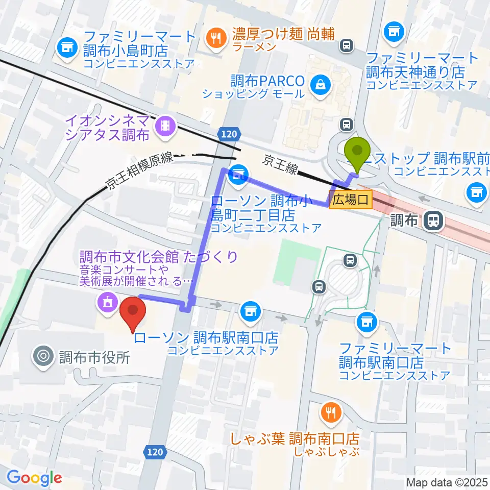 調布市文化会館たづくりの最寄駅調布駅からの徒歩ルート（約4分）地図