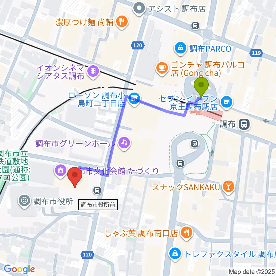 調布市文化会館たづくりの最寄駅調布駅からの徒歩ルート（約4分）地図