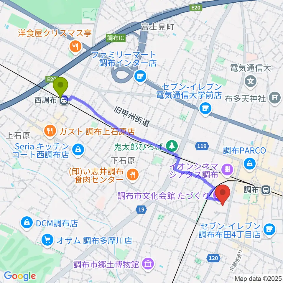 西調布駅から調布市文化会館たづくりへのルートマップ地図