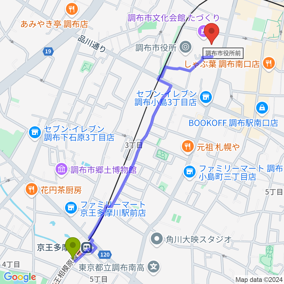 京王多摩川駅から調布市文化会館たづくりへのルートマップ地図