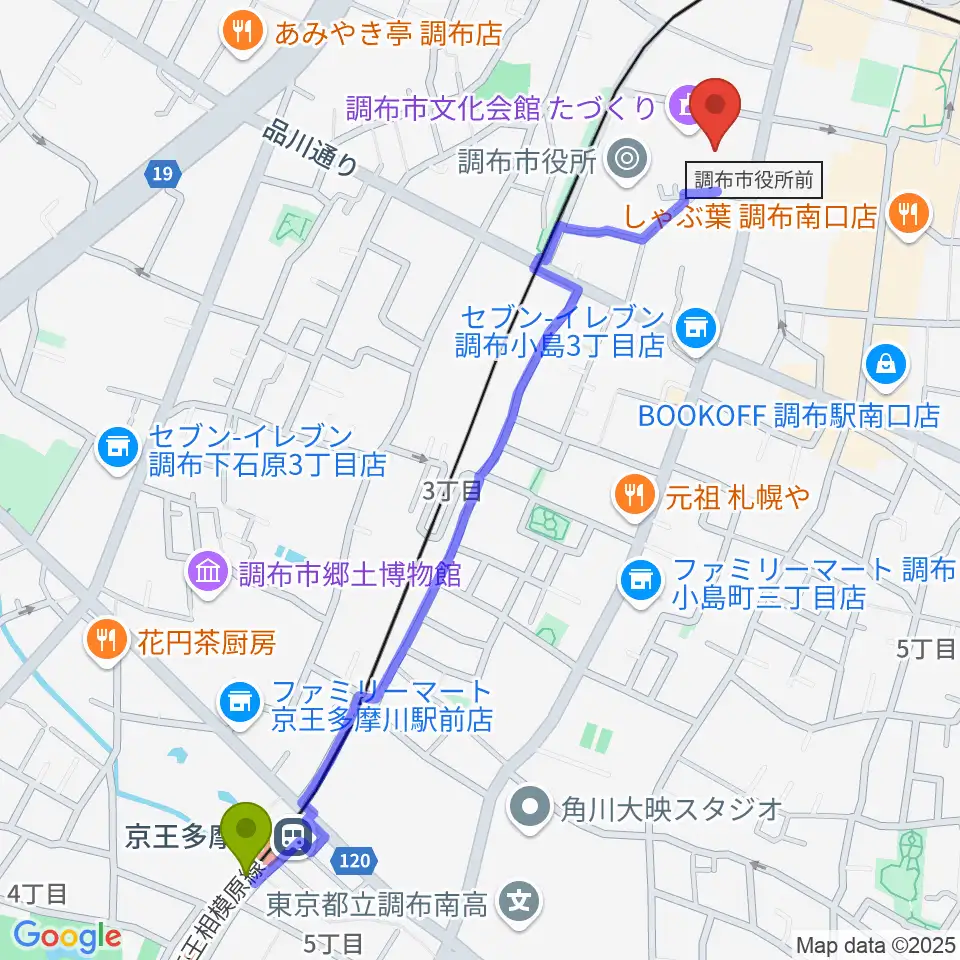 京王多摩川駅から調布市文化会館たづくりへのルートマップ地図