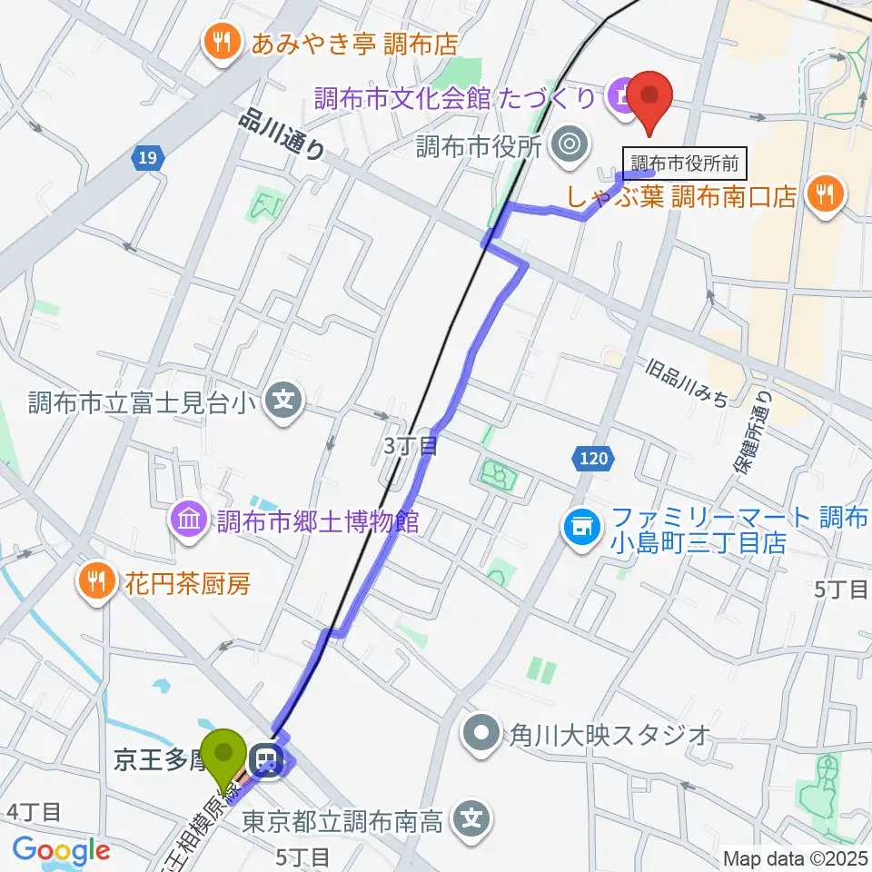京王多摩川駅から調布市文化会館たづくりへのルートマップ地図