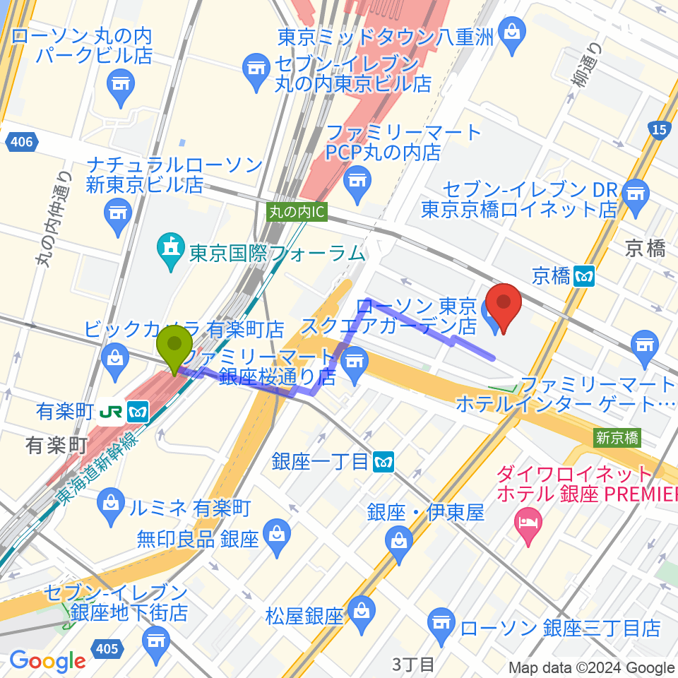 有楽町駅から中央エフエム ラジオシティへのルートマップ地図