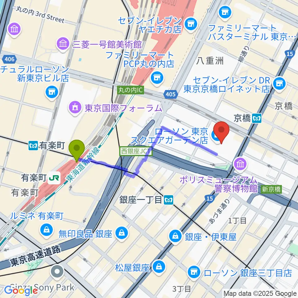 有楽町駅から中央エフエム ラジオシティへのルートマップ地図