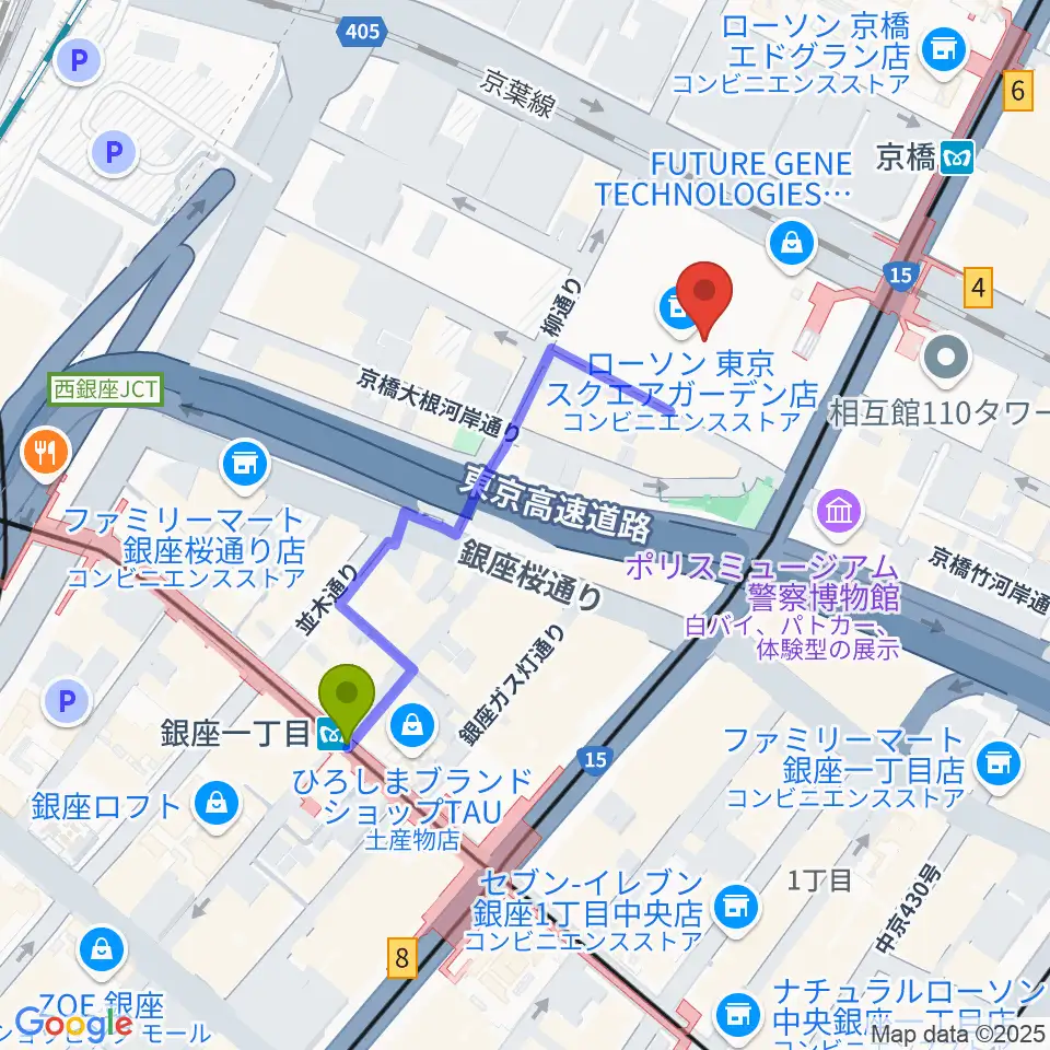 銀座一丁目駅から中央エフエム ラジオシティへのルートマップ地図