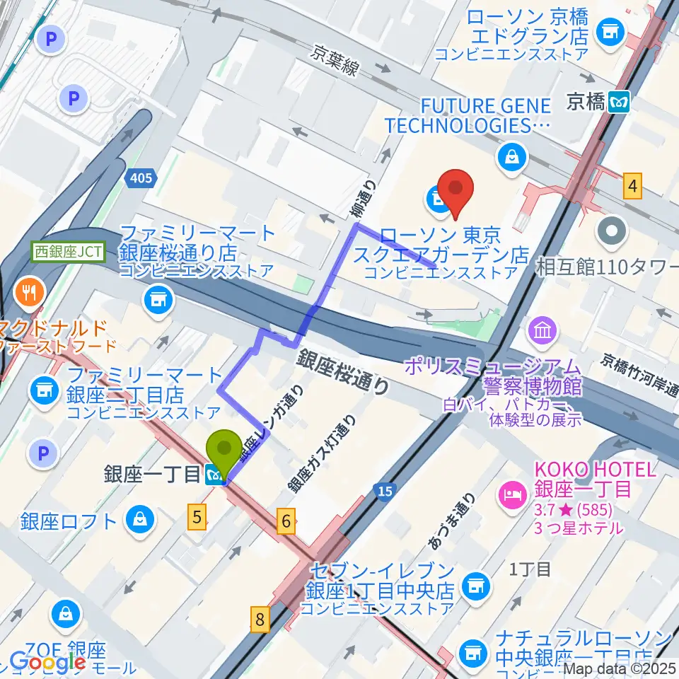 銀座一丁目駅から中央エフエム ラジオシティへのルートマップ地図