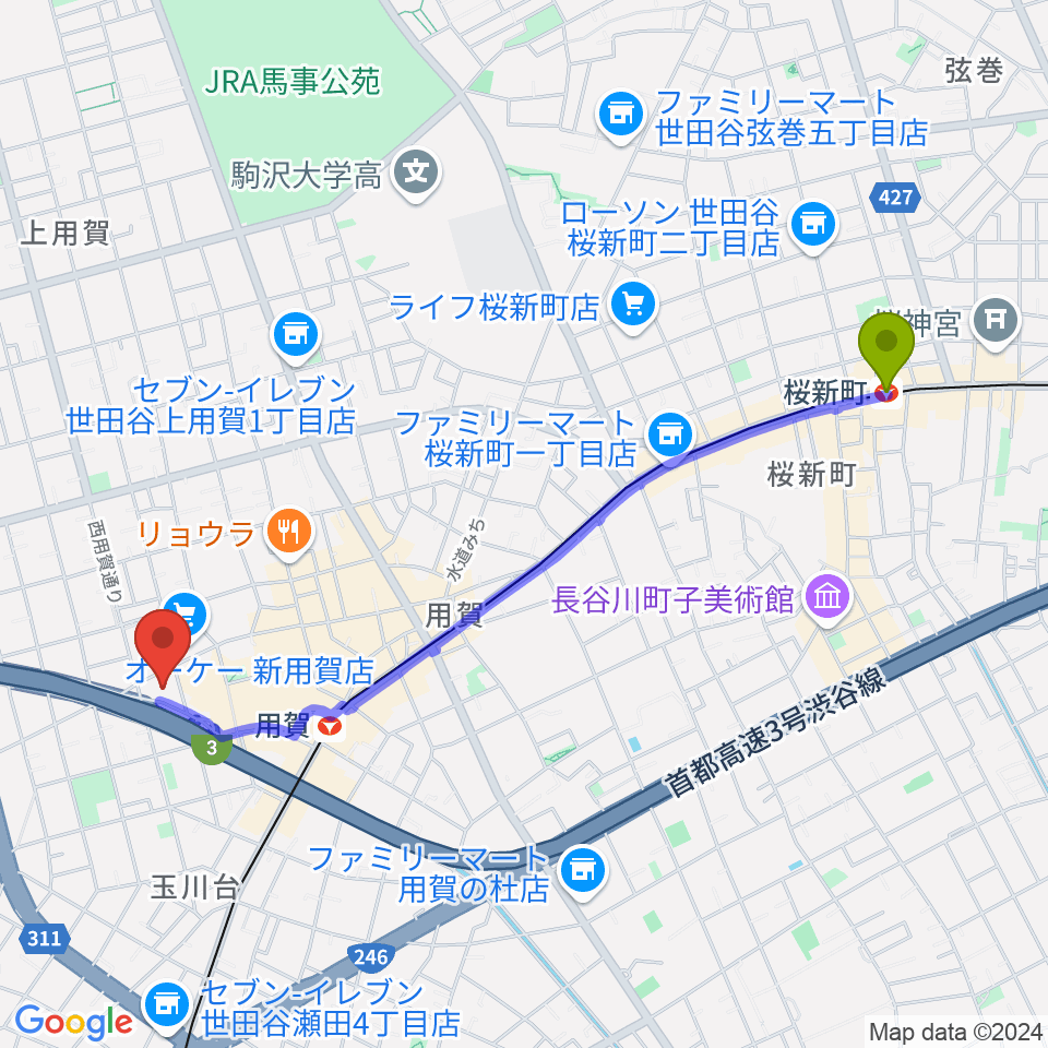 桜新町駅からエフエム世田谷へのルートマップ地図